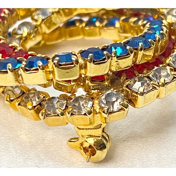 Spiral Circle Brooch Red White Blue Rhinestone Strands On Gold Tone Metal - Picture 5 of 8